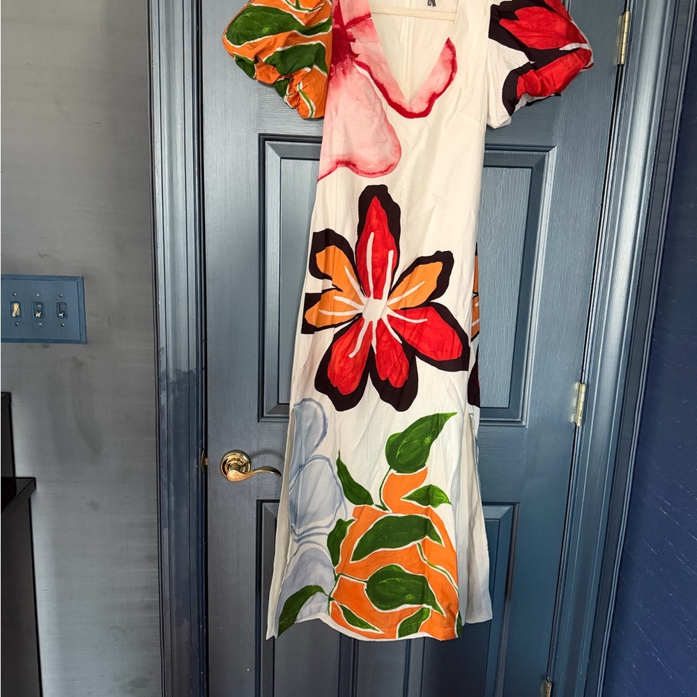 Anthropologie White Maxi Dress with Red, Orange & Green Floral Print